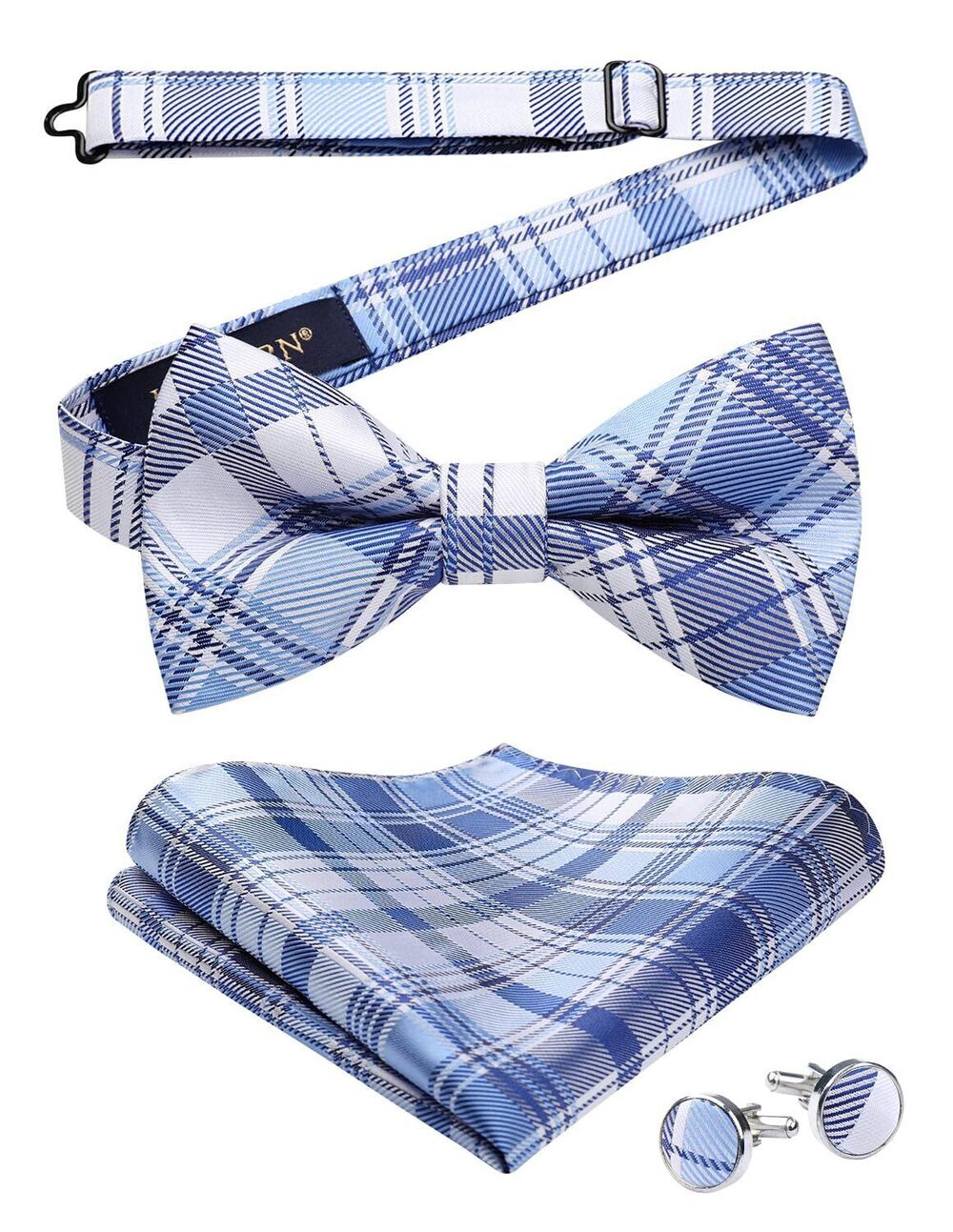 3147 Bow Ties Blue Pre-Tied Bow Tie and Handkerchief Cufflinks Set Check
